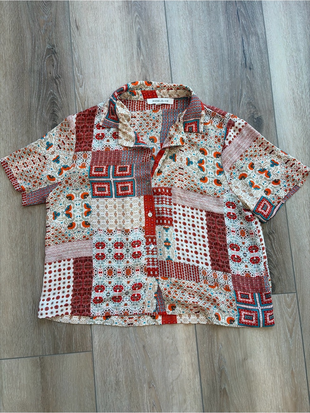 Rose & Olive Red, Cream & Teal Patchwork Button-Up Shirt